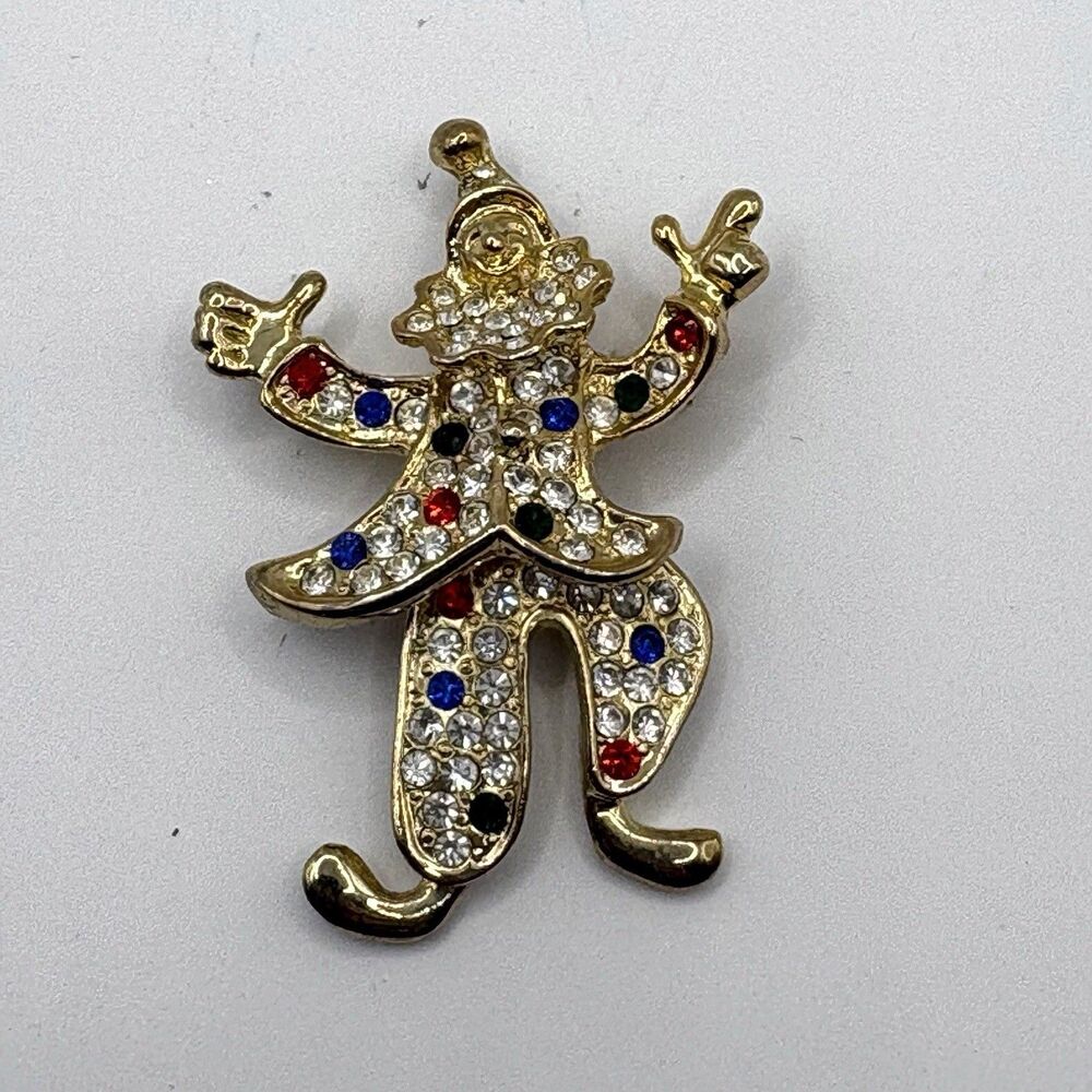 Articulated Clown Rhinestone Brooch Multicolor Stones Gold Tone Pin Legs Move